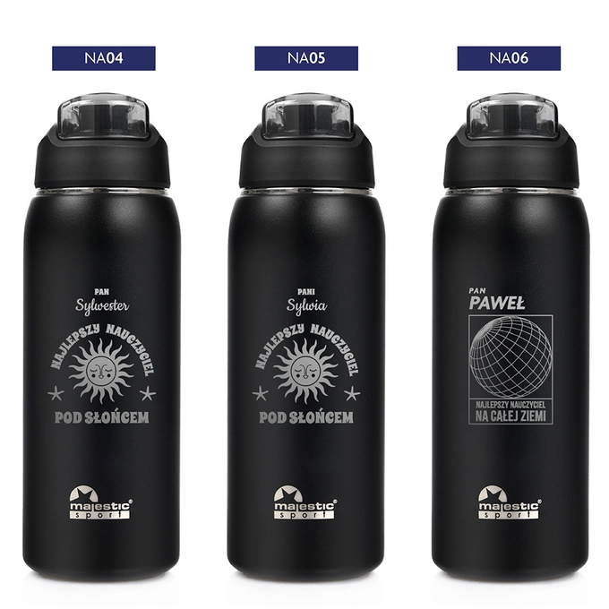 Czarna butelka termiczna z grawerem dla nauczyciela Majestic Sport Delta 750 ml czarna, wybór nadruków