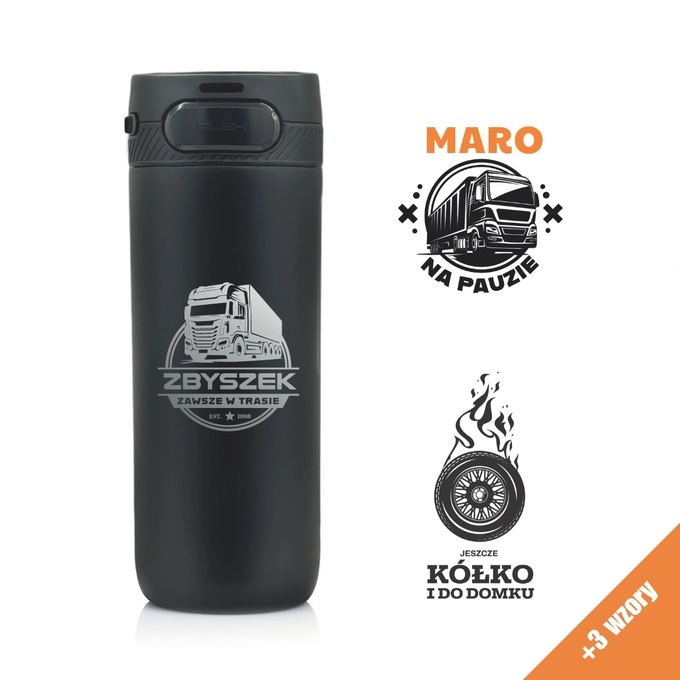 Czarny kubek termiczny z grawerem dla kierowcy, z logotypem Majestic Sport, model Nord 600 ml, różne wzory