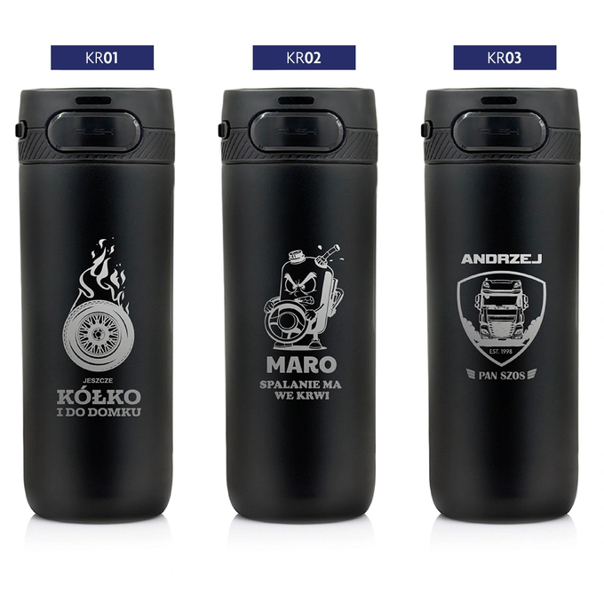 Czarny kubek termiczny z grawerem dla kierowcy, z logotypem Majestic Sport, model Nord 600 ml, różne wzory