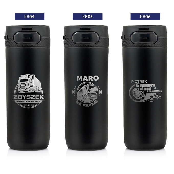 Czarny kubek termiczny z grawerem dla kierowcy, z logotypem Majestic Sport, model Nord 600 ml, różne wzory