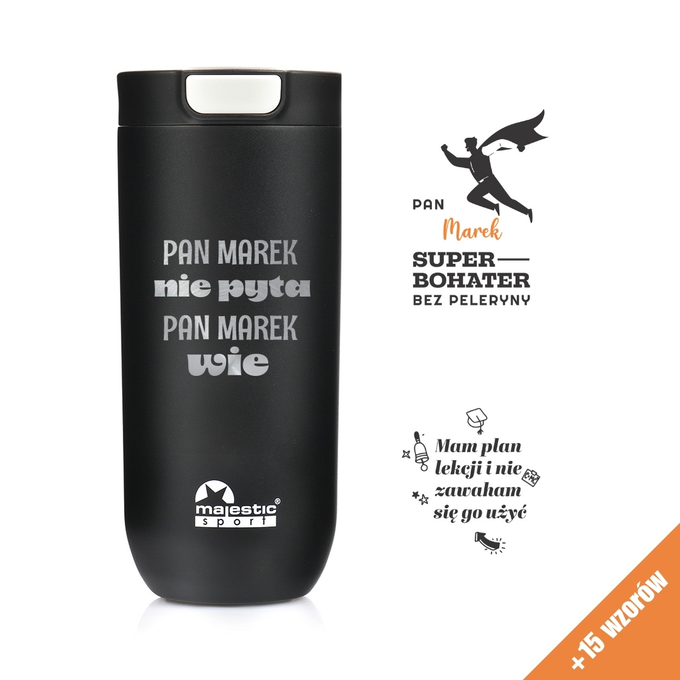 Czarny kubek termiczny z grawerem dla nauczyciela Majestic Sport Bullet 540 ml, duży wybór nadruków