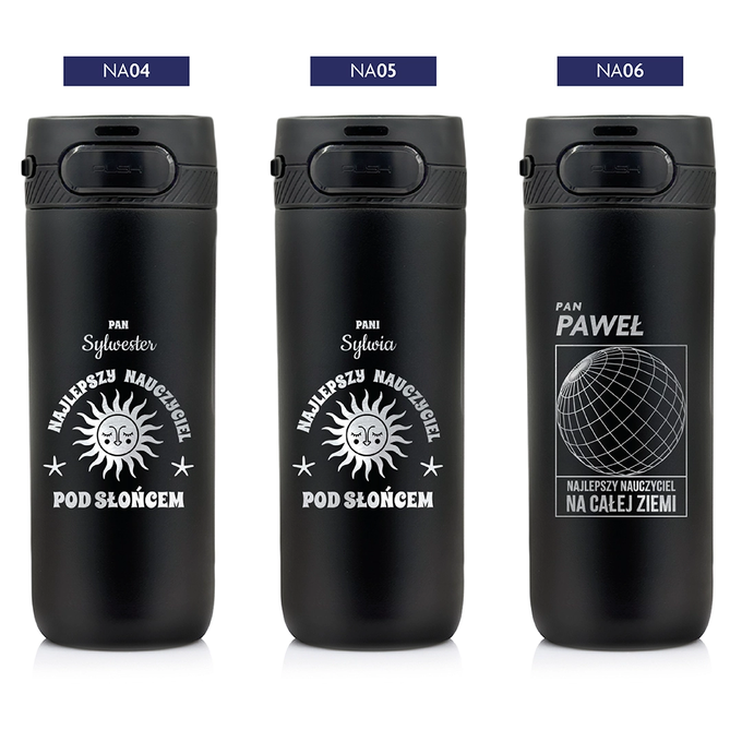 Czarny kubek termiczny z grawerem dla nauczyciela, z logotypem Majestic Sport, Nord 600 ml, wybór nadruku