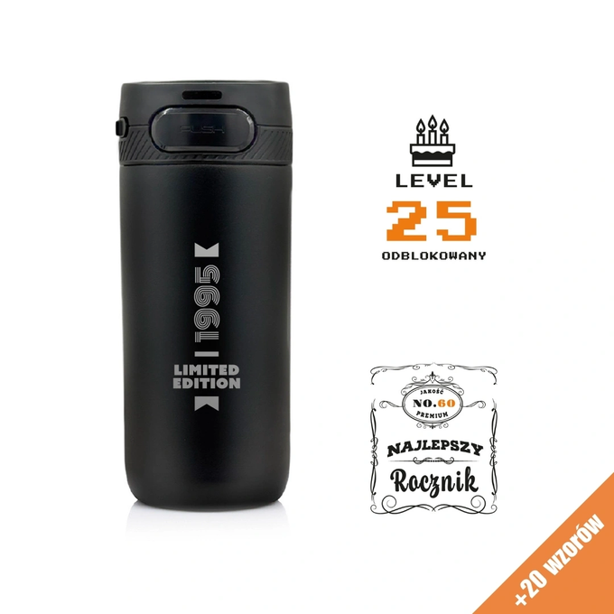 Czarny kubek termiczny z grawerem na urodziny z logotypem Majestic Sport Nord, o pojemności 420 ml, idealny na prezent