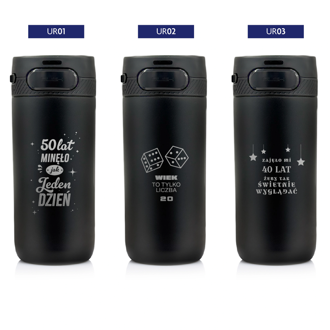 Czarny kubek termiczny z grawerem na urodziny z logotypem Majestic Sport Nord, o pojemności 420 ml, wybór wzorów