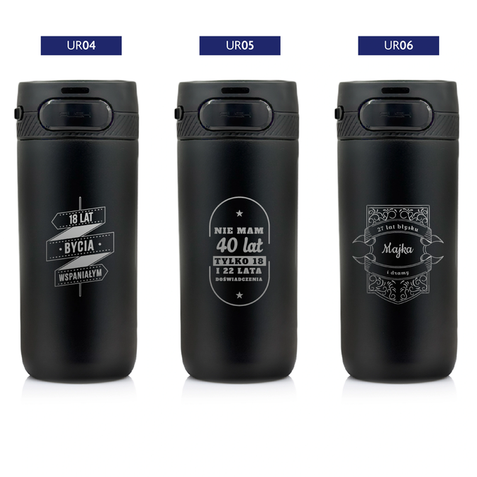 Czarny kubek termiczny z grawerem na urodziny z logotypem Majestic Sport Nord, o pojemności 420 ml, wybór wzorów
