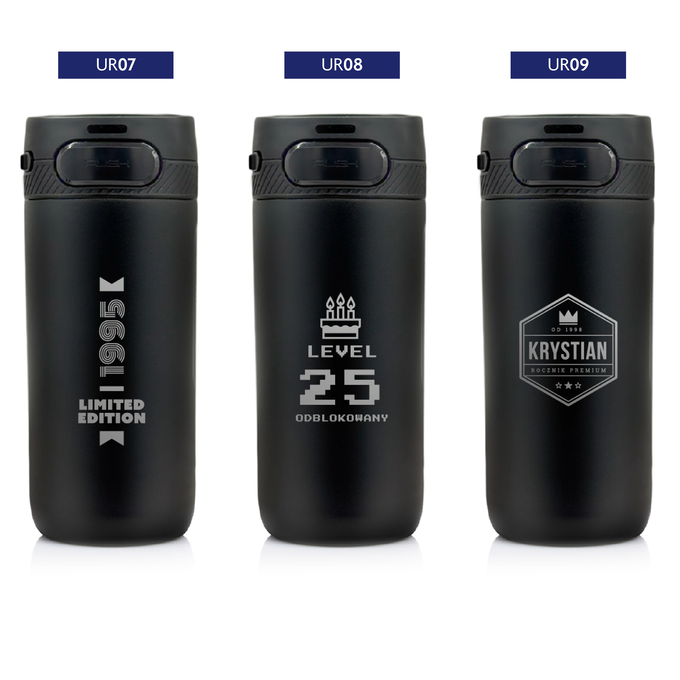 Czarny kubek termiczny z grawerem na urodziny z logotypem Majestic Sport Nord, o pojemności 420 ml, wybór wzorów