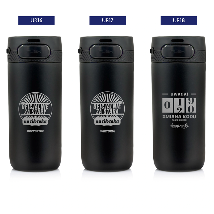 Czarny kubek termiczny z grawerem na urodziny z logotypem Majestic Sport Nord, o pojemności 420 ml, wybór wzorów