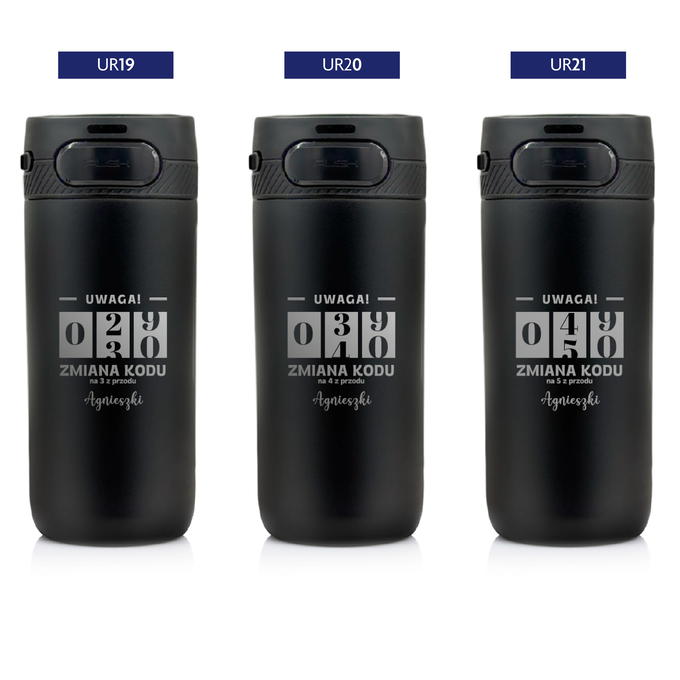 Czarny kubek termiczny z grawerem na urodziny z logotypem Majestic Sport Nord, o pojemności 420 ml, wybór wzorów