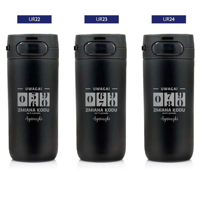 Czarny kubek termiczny z grawerem na urodziny z logotypem Majestic Sport Nord, o pojemności 420 ml, wybór wzorów