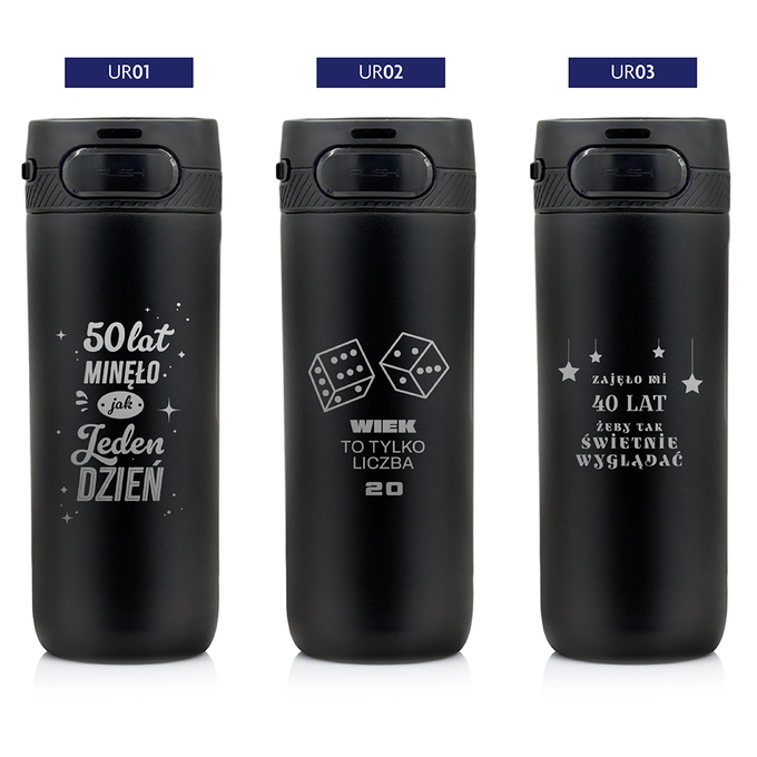 Czarny kubek termiczny z grawerem na urodziny z logotypem Majestic Sport Nord, o pojemności 600 ml, wybór wzorów