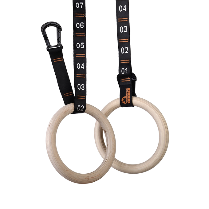 Drewniane kółka gimnastyczne z logotypem Majestic Sport GYMring, do treningu górny partii ciała