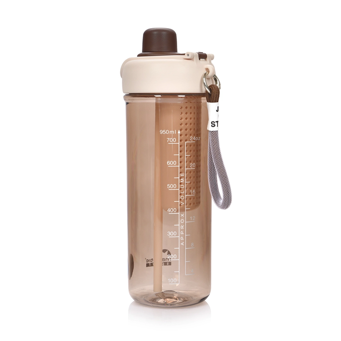 Kawowa butelka tritanowa na wodę o pojemności 950ml z logotypem Majestic Sport Zoya z miarką motywacyjną i smyczą na nadgarstek