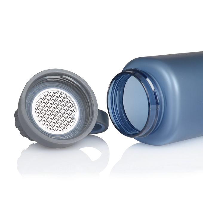 Niebieska matowa butelka tritanowa na wodę o pojemności 1l, Majestic Sport James Mat, z zakrętką i stalowym sitkiem filtrującym