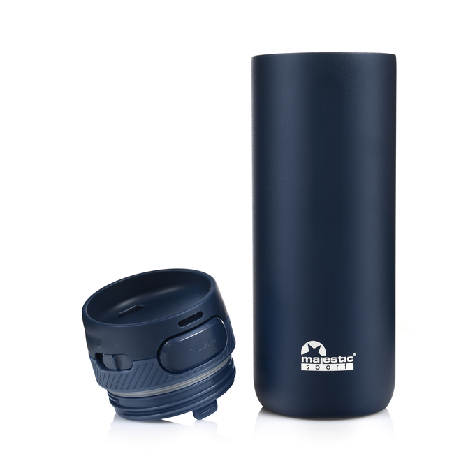 Niebieski kubek termiczny o pojemności 600 ml z logotypem Majestic Sport Nord z systemem blokującym