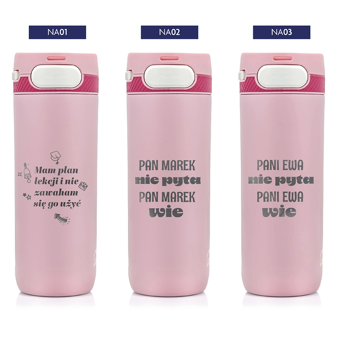 Różowy kubek termiczny z grawerem dla nauczyciela, z logotypem Majestic Sport, Nord 600 ml, wybór nadruku