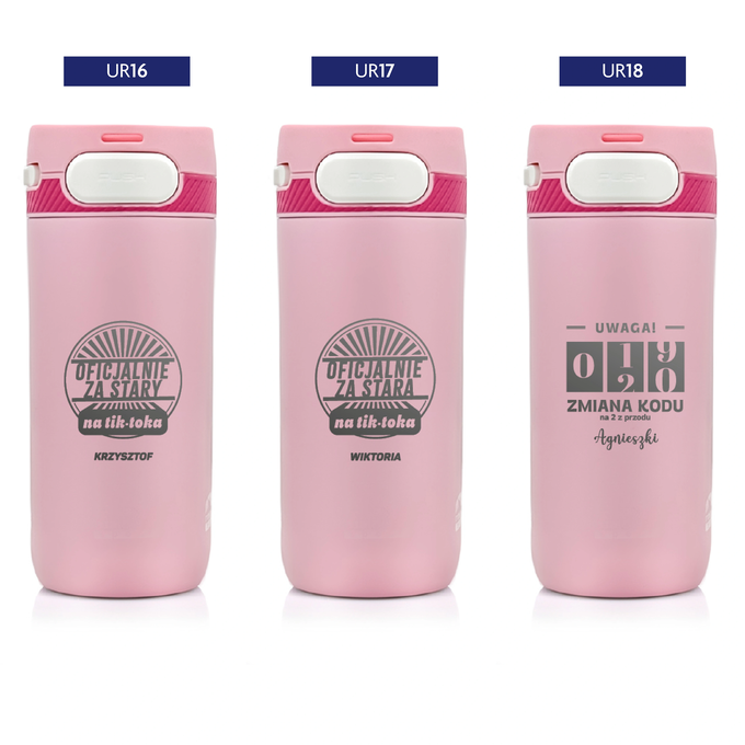 Różowy kubek termiczny z grawerem na urodziny z logotypem Majestic Sport Nord, o pojemności 420 ml, wybór wzorów