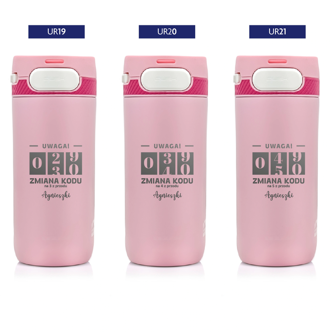 Różowy kubek termiczny z grawerem na urodziny z logotypem Majestic Sport Nord, o pojemności 420 ml, wybór wzorów