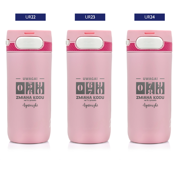 Różowy kubek termiczny z grawerem na urodziny z logotypem Majestic Sport Nord, o pojemności 420 ml, wybór wzorów