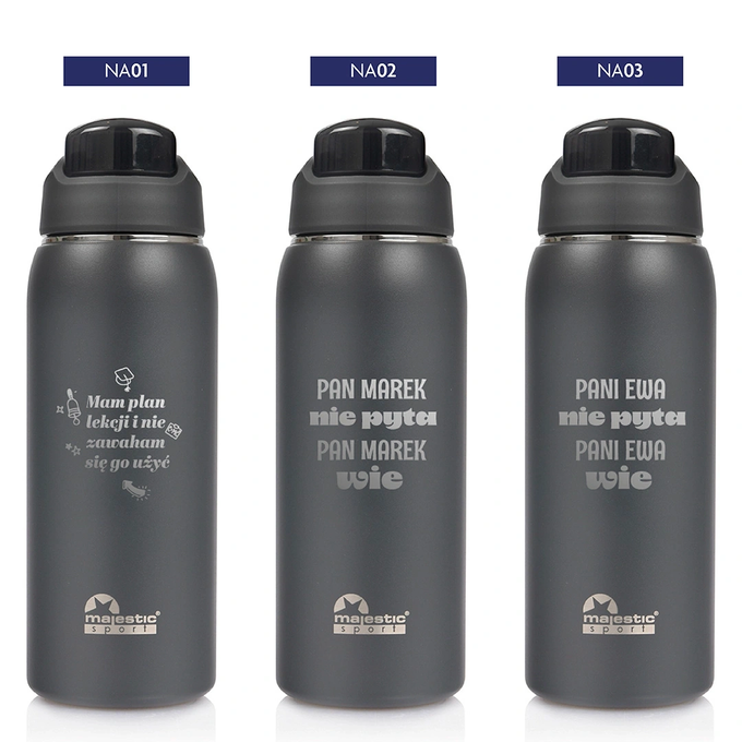 Szara butelka termiczna z grawerem dla nauczyciela, Majestic Sport, Delta 750 ml czarna, wybór nadruków