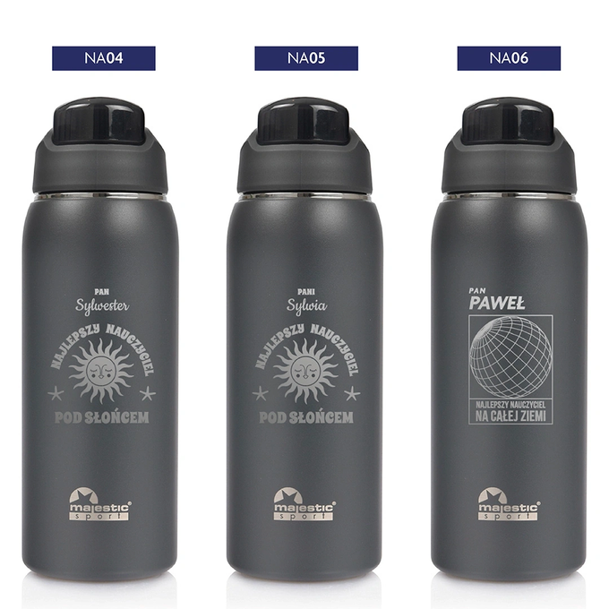 Szara butelka termiczna z grawerem dla nauczyciela, Majestic Sport, Delta 750 ml czarna, wybór nadruków