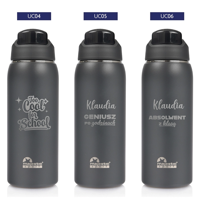 Szara butelka termiczna z grawerem dla ucznia, dla absolwenta, logotyp Majestic Sport Delta 750 ml, wybór nadruków