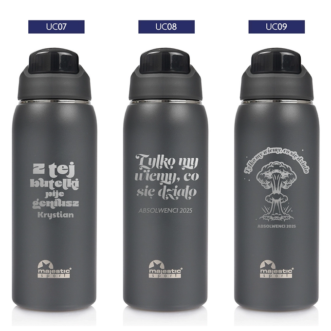 Szara butelka termiczna z grawerem dla ucznia, dla absolwenta, logotyp Majestic Sport Delta 750 ml, wybór nadruków