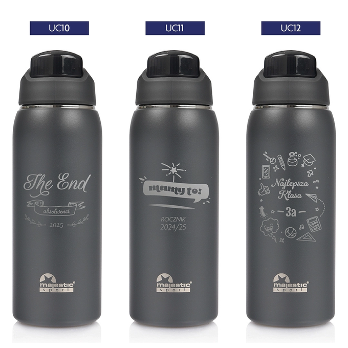Szara butelka termiczna z grawerem dla ucznia, dla absolwenta, logotyp Majestic Sport Delta 750 ml, wybór nadruków
