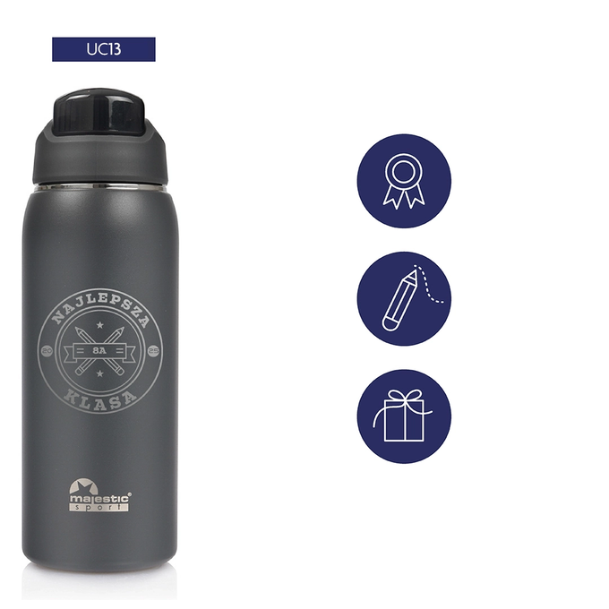 Szara butelka termiczna z grawerem dla ucznia, dla absolwenta, logotyp Majestic Sport Delta 750 ml, wybór nadruków