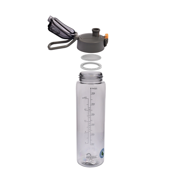 Szara butelka tritanowa na wodę o pojemności 750l, Majestic Sport Okosei Clear, prosta budowa butelki