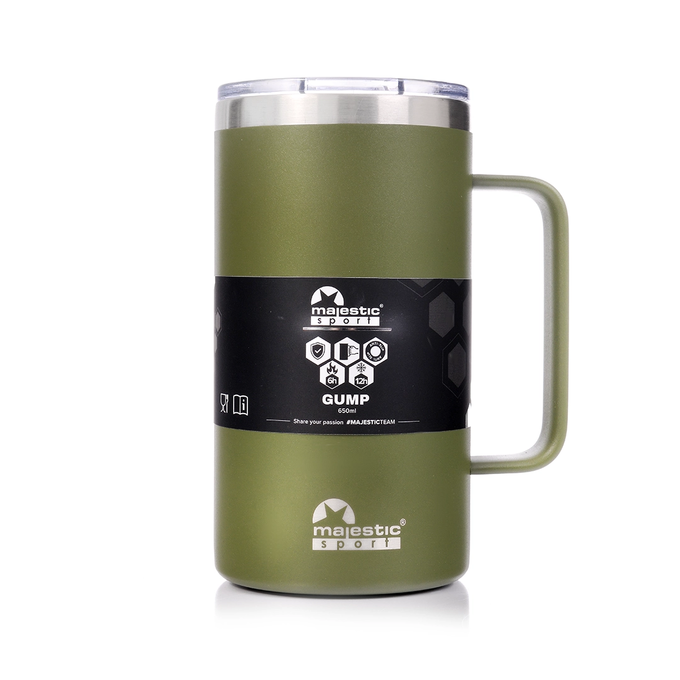 Zielony kubek termiczny z uchwytem o pojemności 650 ml z logotypem Majestic Sport Gump z czarną elegancką etykietą