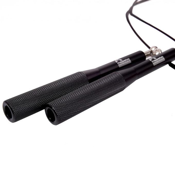 Czarna skakanka stalowa z łożyskami Majestic Sport, z możliwością regulacji długości