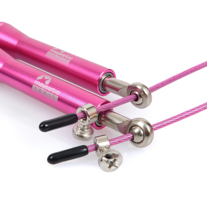 Różowa skakanka stalowa z łożyskami Majestic Sport, specjalna zasada zapobiegająca skręcaniu linki